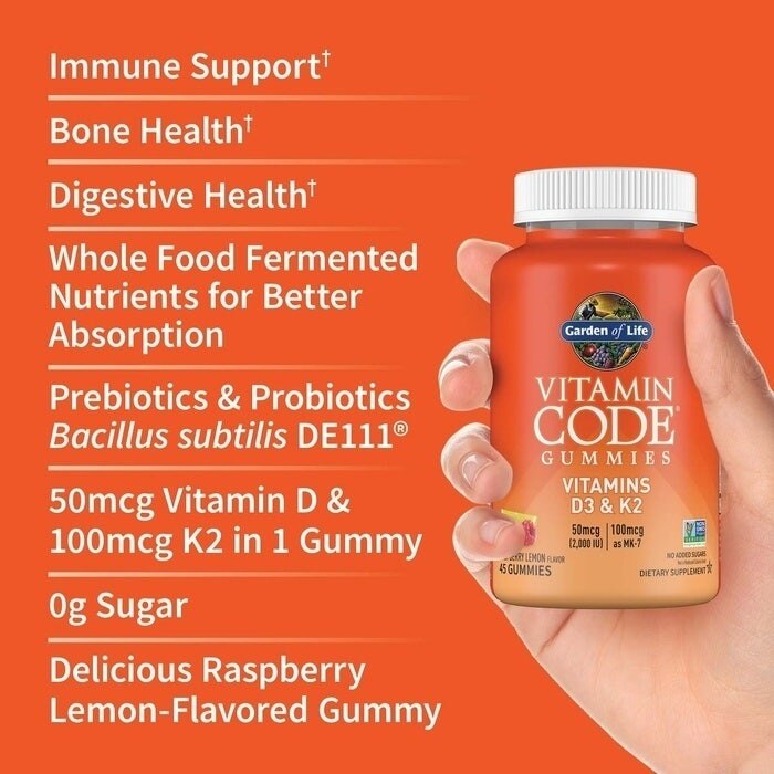 Garden of Life - Vitamin Code D3 & K2 Vitamiinikarkit, Vadelma-Sitruuna - 45 kpl - Image 4